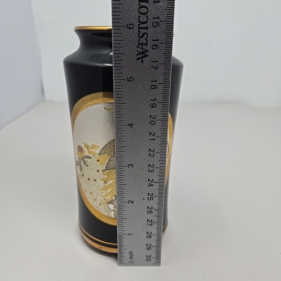 Vintage Chokin Collection Vase Engraved Bird Design With Flower Black Pottery - Picture 8 of 9